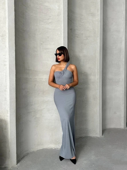 BİÇOMİ Tek omuz pliseli elbise - Resim 2