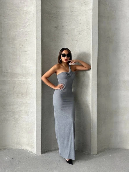 BİÇOMİ Tek omuz pliseli elbise - Resim 4