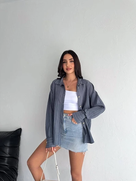 BİÇOMİ Çizgili oversize gömlek ürün görseli