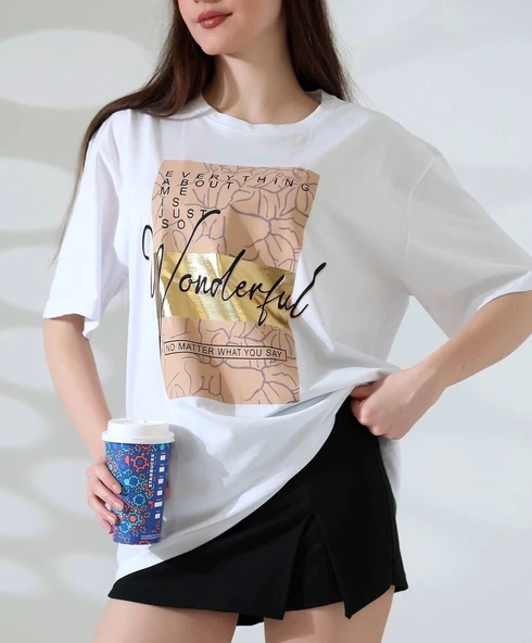 BİÇOMİ Varak baskılı imza desen tişört - Resim 3