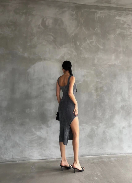 BİÇOMİ Kaşkorse aşit yıkamalı yırtmaçlı elbise - Resim 3