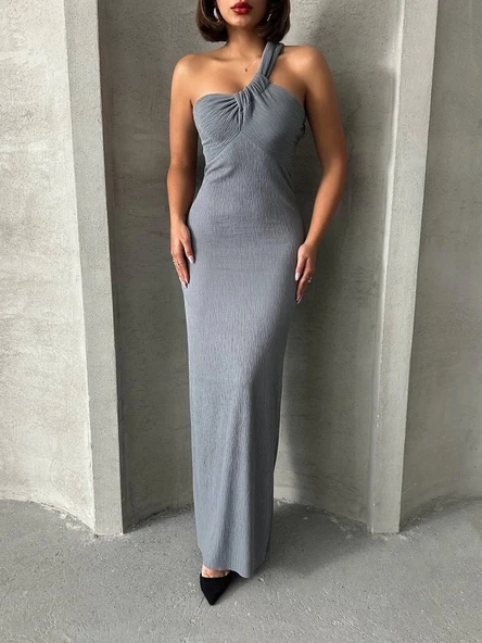 BİÇOMİ Tek omuz pliseli elbise - Resim 6