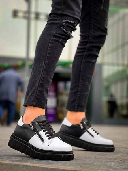 BİÇOMİ KB-X155 Kuback Beyaz Cilt Siyah Cilt Detaylı Siyah Yüksek Taban Günlük Spor Ayakkabı - Resim 3