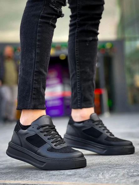 BİÇOMİ KB-X8 Kuback Siyah Cilt Siyah Süet  Detaylı Siyah Yüksek Taban Günlük Spor Ayakkabı - Resim 2