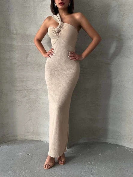 BİÇOMİ Tek omuz pliseli elbise ürün görseli