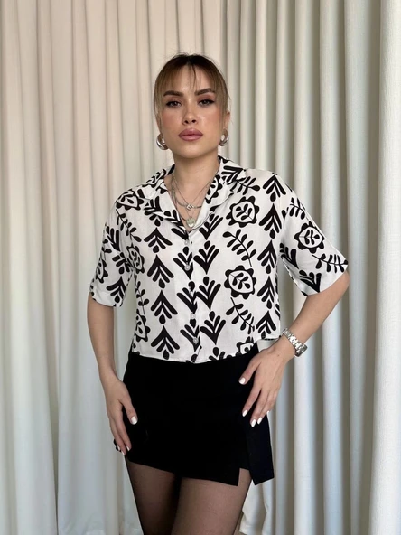 BİÇOMİ Siyah beyaz baskılı crop gömlek - Resim 2