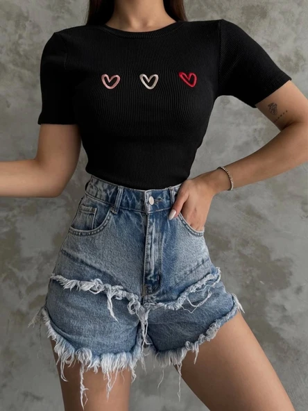 BİÇOMİ Üçlü kalp nakışlı bluz - Resim 4