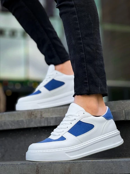 BİÇOMİ KB-X8 Kuback Beyaz Cilt Mavi Süet Detaylı Beyaz Yüksek Taban Günlük Spor Ayakkabı - Resim 4