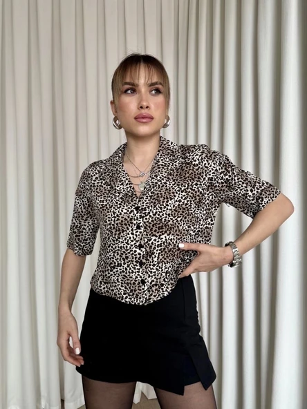 BİÇOMİ Leopar desenli crop gömlek - Resim 3