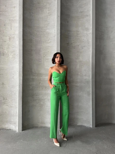 BİÇOMİ Palazzo pantolonlu alt üst takım yeşil - Resim 2