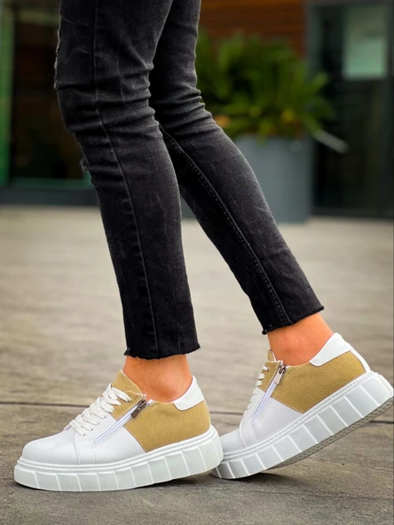 BİÇOMİ KB-X155 Kuback Beyaz Cilt Bej Süet Detaylı Beyaz Yüksek Taban Günlük Spor Ayakkabı - Resim 4