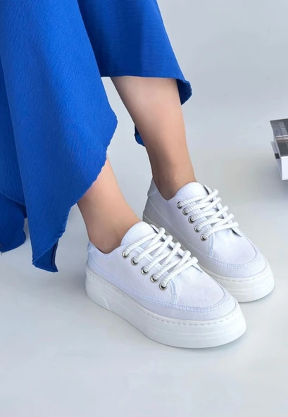 BİÇOMİ Carin Beyaz Keten Bağcıklı Spor Ayakkabı ürün görseli