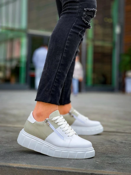 BİÇOMİ KB-X155 Kuback Beyaz Cilt Gri Süet Detaylı Beyaz Yüksek Taban Günlük Spor Ayakkabı - Resim 4