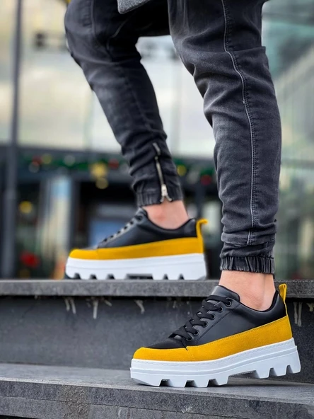 BİÇOMİ KB-056 Kuback Siyah Sarı Detaylı Beyaz Yüksek Taban Günlük Spor Ayakkabı - Resim 3