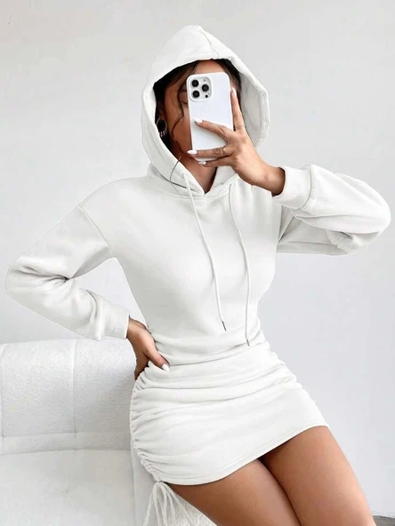 BİÇOMİ 3 iplik şardonlu kapşonlu elbise beyaz - Resim 3