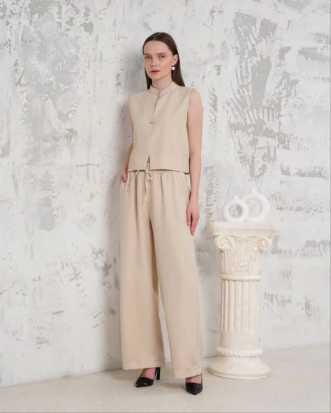 BİÇOMİ Broşlu yelek pantolon takım bej s255821 - 3