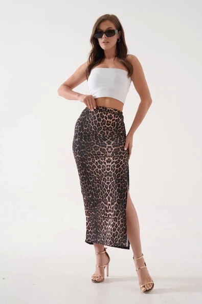 BİÇOMİ Uzun yırtmaçlı ince kumaş etek leopar - Resim 7
