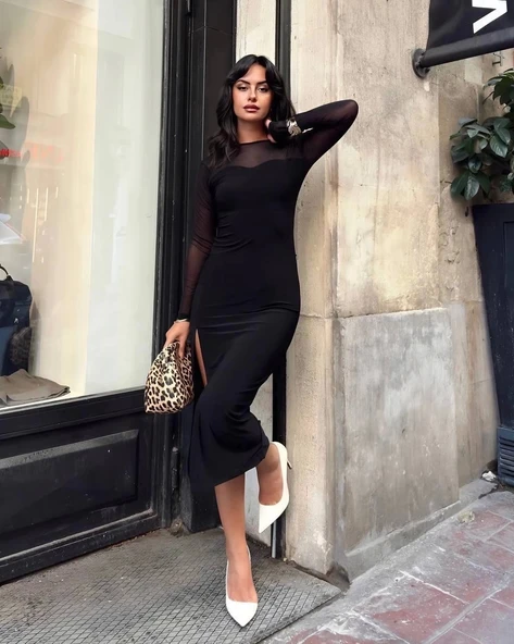 BİÇOMİ Kadın tül detaylı midi boy yırtmaçlı elbise - Resim 2