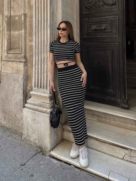 BİÇOMİ Çizgili etekli takım siyah s3609 ürün görseli