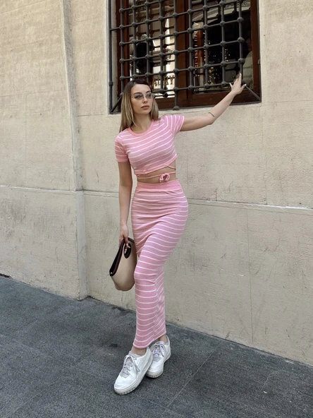 BİÇOMİ Çizgili etekli takım pembe s3609 - Resim 7