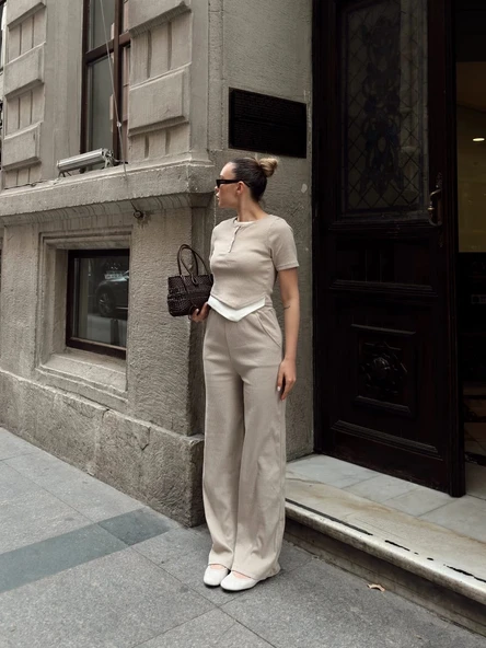 BİÇOMİ Düğme yakalı bej alt üst takım s3943 - Resim 7