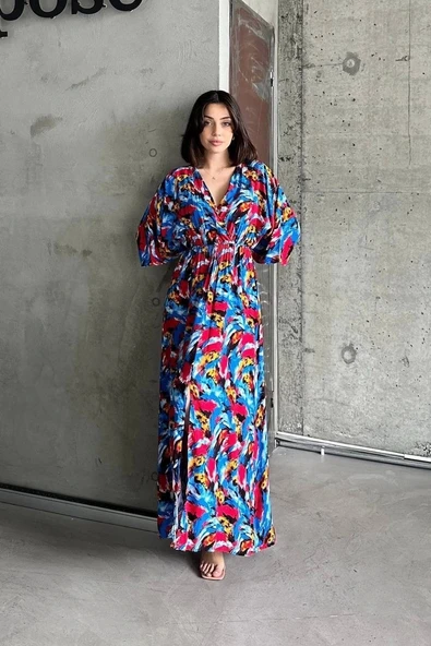 BİÇOMİ Dokuma baskılı yarasa kol elbise s8124 ürün görseli