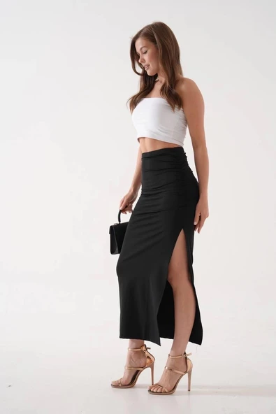 BİÇOMİ Uzun yırtmaçlı ince kumaş etek siyah - Resim 6