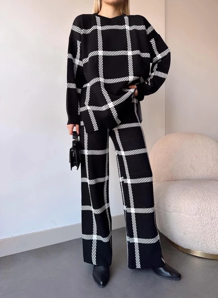 BİÇOMİ Ekoseli triko takım siyahbeyaz - Resim 3