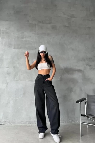 BİÇOMİ Arkadan tokalı jeans pantolon Siyah ürün görseli