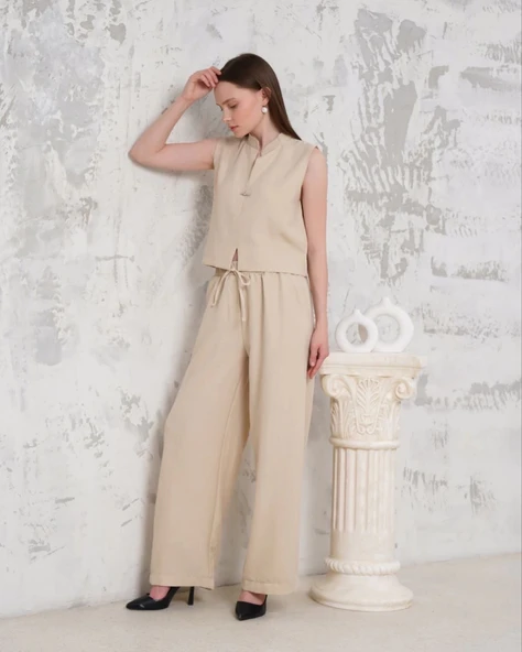 BİÇOMİ Broşlu yelek pantolon takım bej s255821 - 6