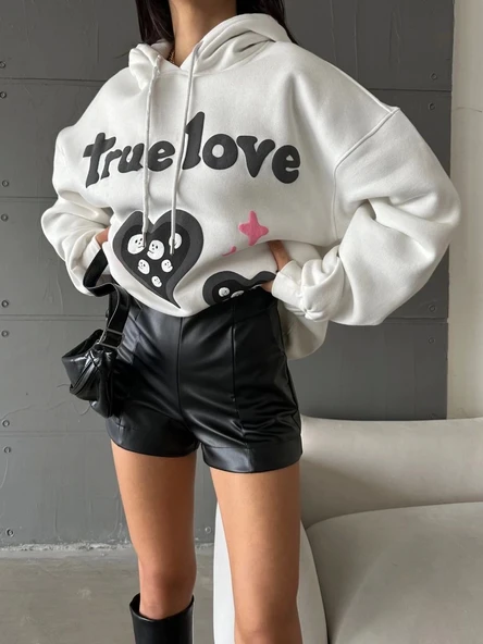 BİÇOMİ 3 iplik şardonlu oversize true baskılı sweat Beyaz - Resim 3