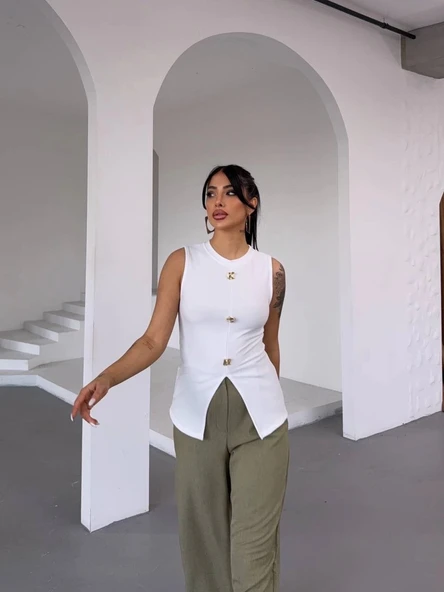 BİÇOMİ Kadın beyaz bisiklet yaka gold düğmeli ottoman bluz s2310 - Resim 2