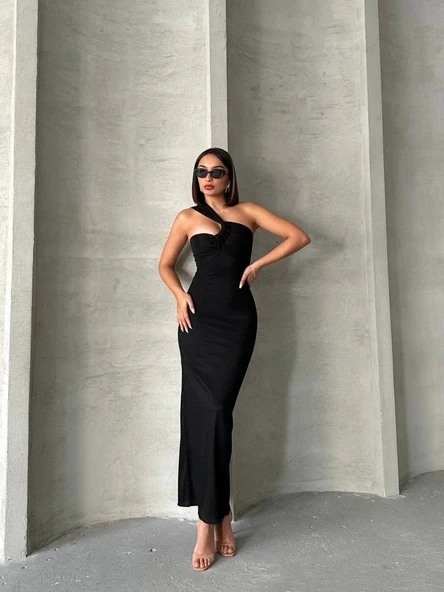 BİÇOMİ Krinkıl tek omuz uzun elbise siyah s25455 ürün görseli