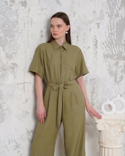 BİÇOMİ Kuşaklı gömlek yaka salaş tulum haki s255822 - 2