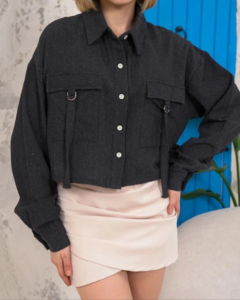 BİÇOMİ Kemer cepli keten crop gömlek siyah s255350 ürün görseli