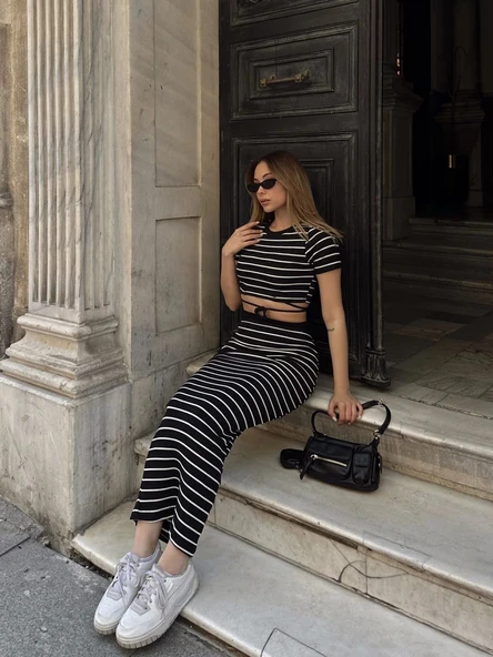 BİÇOMİ Çizgili etekli takım siyah s3609 - Resim 8