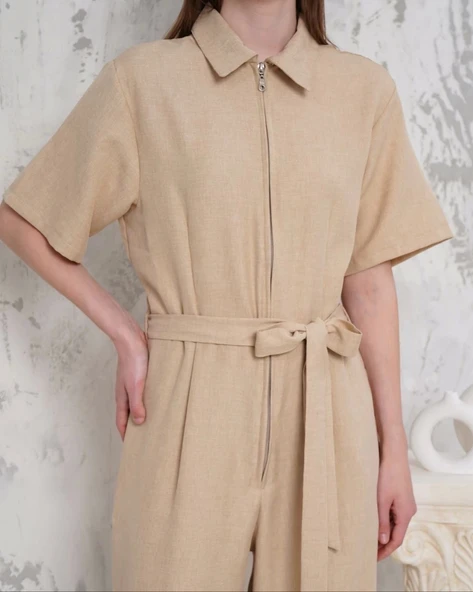 BİÇOMİ Kuşaklı gömlek yaka salaş tulum bej s255822 - 4