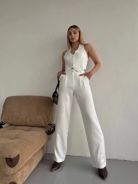 BİÇOMİ Palazzo pantolon beyaz s23211 - Resim 4