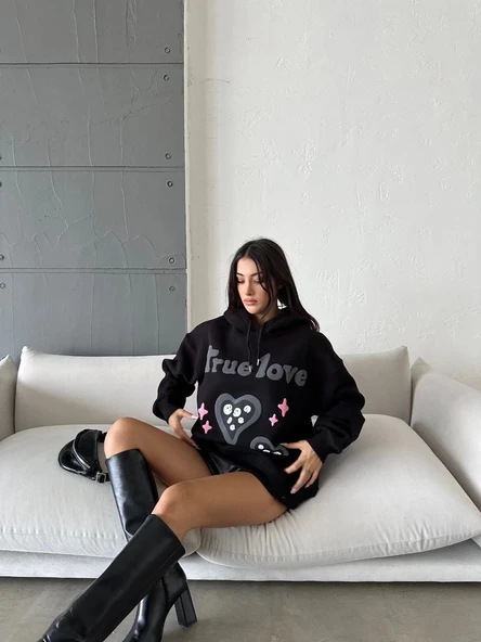 BİÇOMİ 3 iplik şardonlu oversize true baskılı sweat siyah - Resim 3