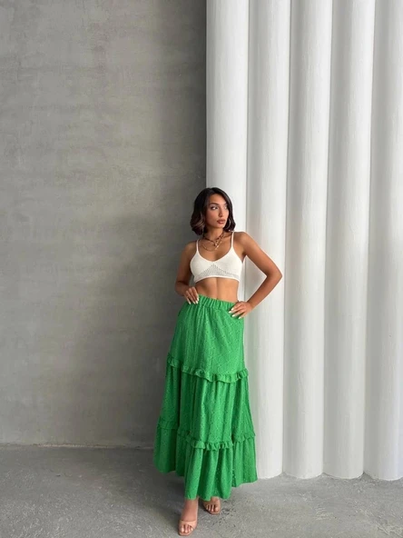 BİÇOMİ Fırfırlı brodeli astarlı uzun etek yeşil s255047 - Resim 5
