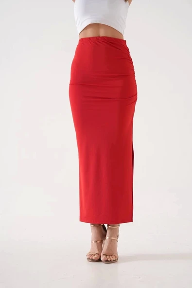 BİÇOMİ Uzun yırtmaçlı ince kumaş etek kırmızı - Resim 4