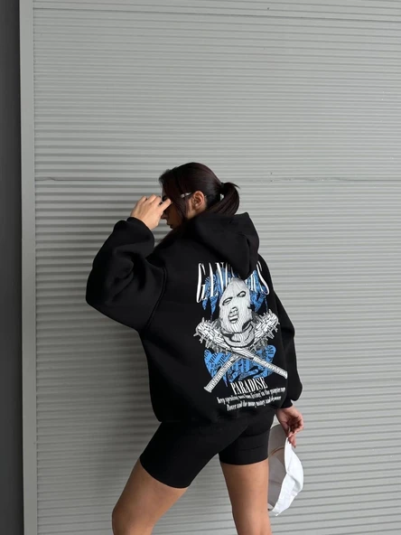 BİÇOMİ 3 iplik şardonlu oversize kafa baskılı sweat siyah - Resim 6