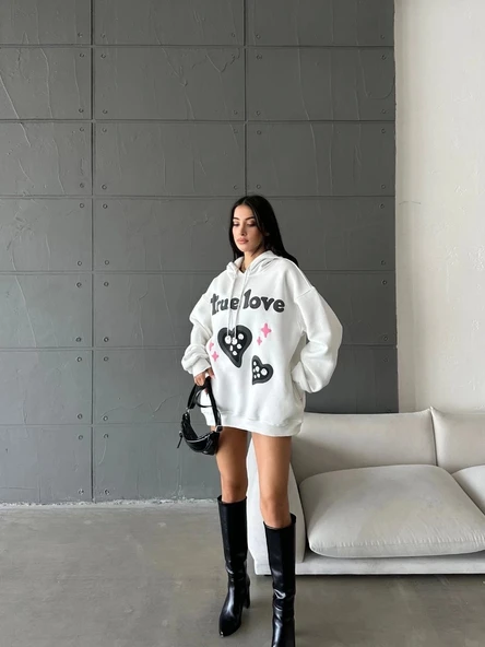 BİÇOMİ 3 iplik şardonlu oversize true baskılı sweat Beyaz ürün görseli