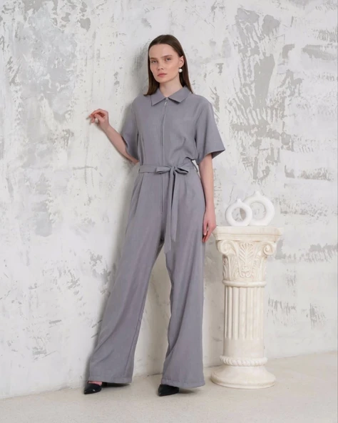 BİÇOMİ Kuşaklı gömlek yaka salaş tulum gri s255822 - 4