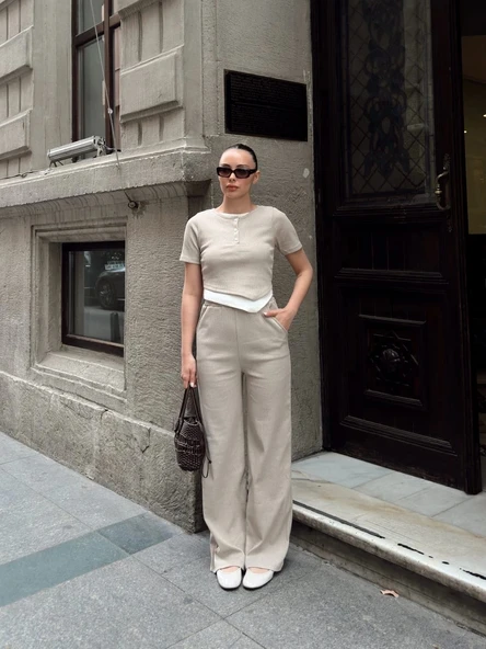 BİÇOMİ Düğme yakalı bej alt üst takım s3943 - Resim 2