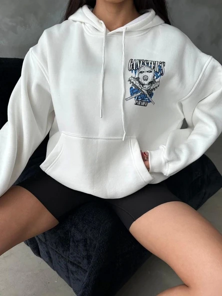 BİÇOMİ 3 iplik şardonlu oversize kafa baskılı sweat beyaz - Resim 2