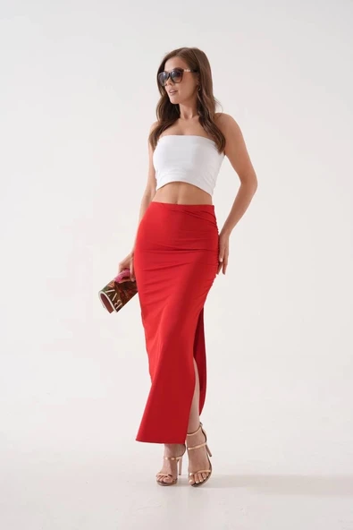 BİÇOMİ Uzun yırtmaçlı ince kumaş etek kırmızı - Resim 5