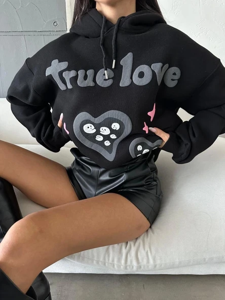 BİÇOMİ 3 iplik şardonlu oversize true baskılı sweat siyah - Resim 2