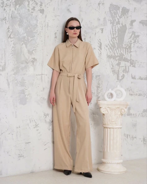 BİÇOMİ Kuşaklı gömlek yaka salaş tulum bej s255822 - 6