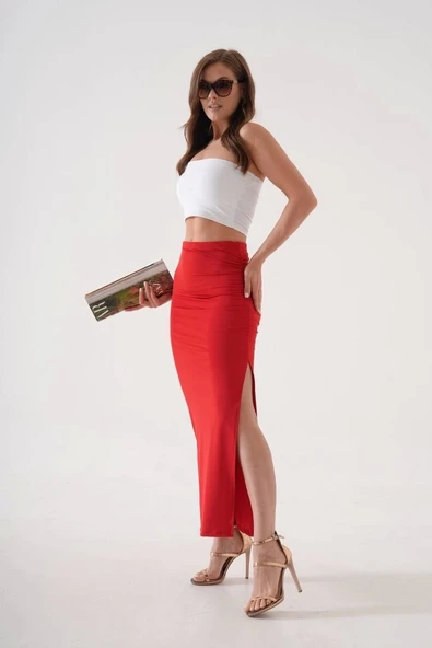 BİÇOMİ Uzun yırtmaçlı ince kumaş etek kırmızı - Resim 8